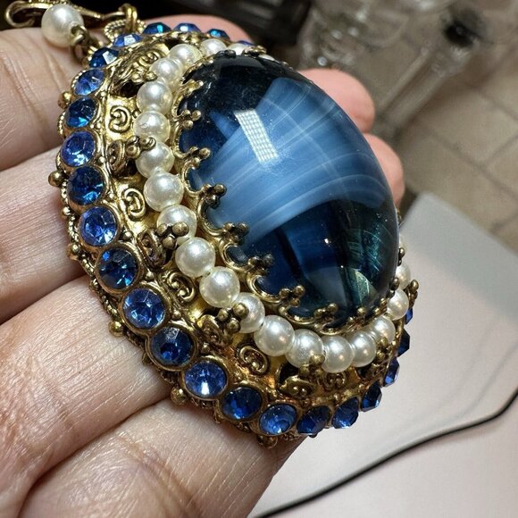 VTG Pendant Necklace 26" W Germany Porphyry Blue Art Glass Filigree Faux Pearl - Picture 4 of 12